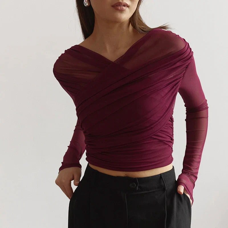 Chic Cross Neck Mesh Crop Top with Pleated Long Sleeves Sheer Sexy Solid Color Elegant T-Shirt for Women Casual Wear
