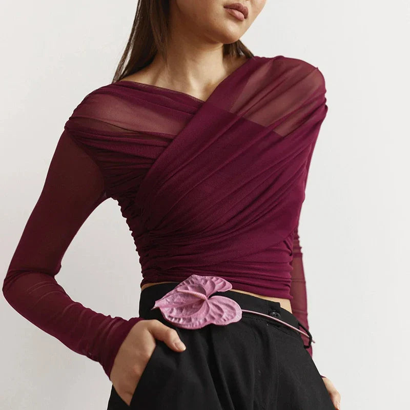 Chic Cross Neck Mesh Crop Top with Pleated Long Sleeves Sheer Sexy Solid Color Elegant T-Shirt for Women Casual Wear