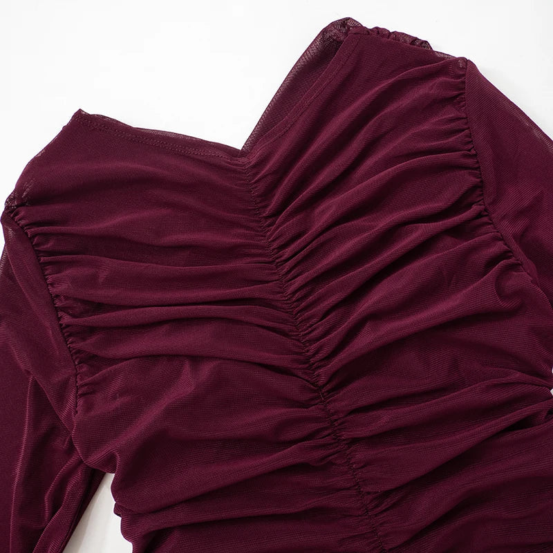 Chic Cross Neck Mesh Crop Top with Pleated Long Sleeves Sheer Sexy Solid Color Elegant T-Shirt for Women Casual Wear