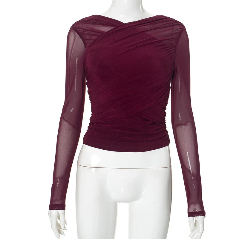 Chic Cross Neck Mesh Crop Top with Pleated Long Sleeves Sheer Sexy Solid Color Elegant T-Shirt for Women Casual Wear