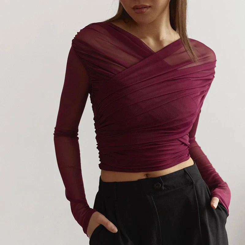 Chic Cross Neck Mesh Crop Top with Pleated Long Sleeves Sheer Sexy Solid Color Elegant T-Shirt for Women Casual Wear