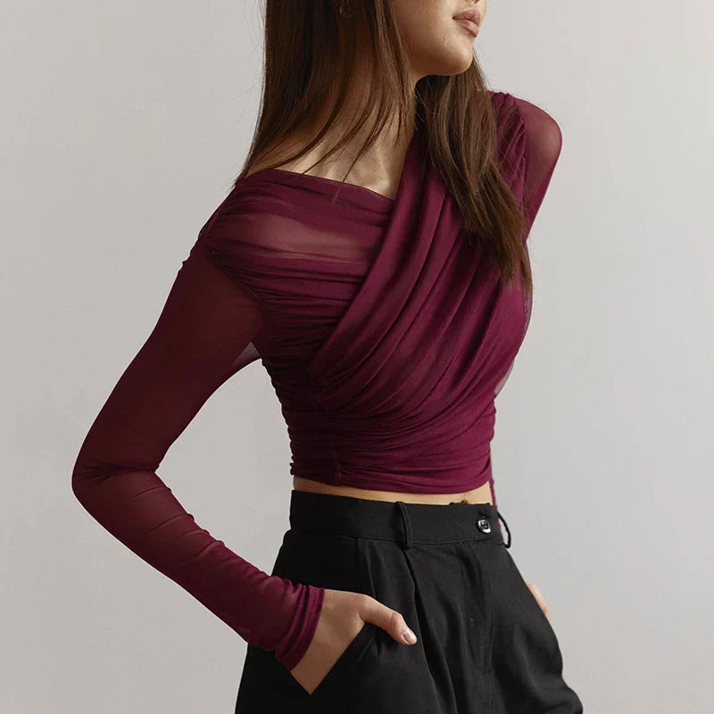 Chic Cross Neck Mesh Crop Top with Pleated Long Sleeves Sheer Sexy Solid Color Elegant T-Shirt for Women Casual Wear