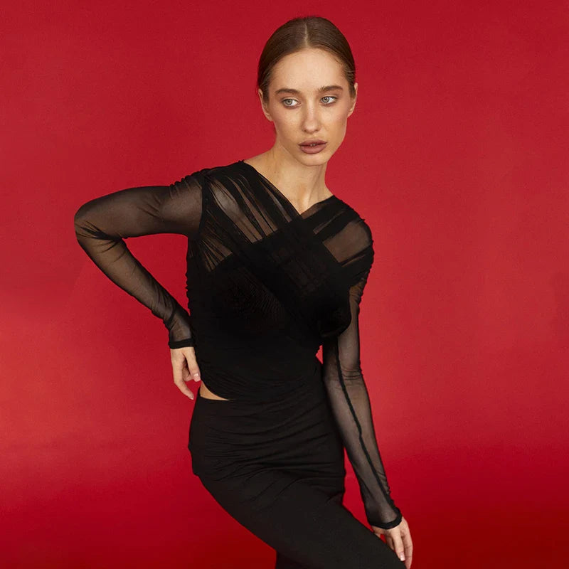 Chic Cross Neck Mesh Crop Top with Pleated Long Sleeves Sheer Sexy Solid Color Elegant T-Shirt for Women Casual Wear