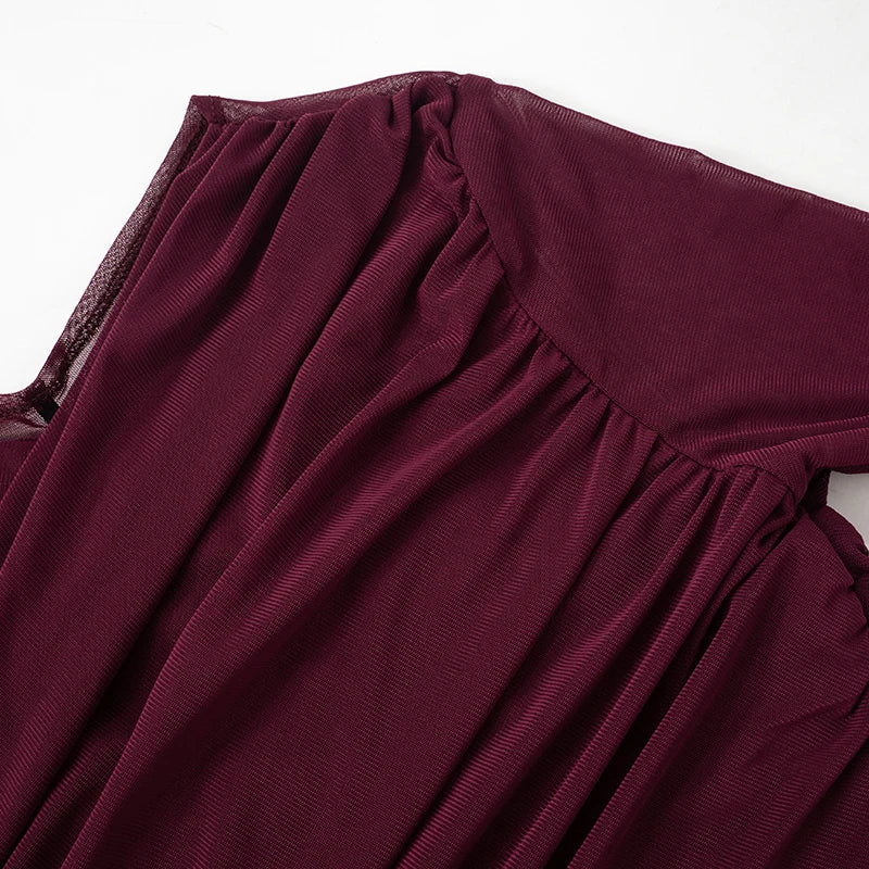 Chic Cross Neck Mesh Crop Top with Pleated Long Sleeves Sheer Sexy Solid Color Elegant T-Shirt for Women Casual Wear