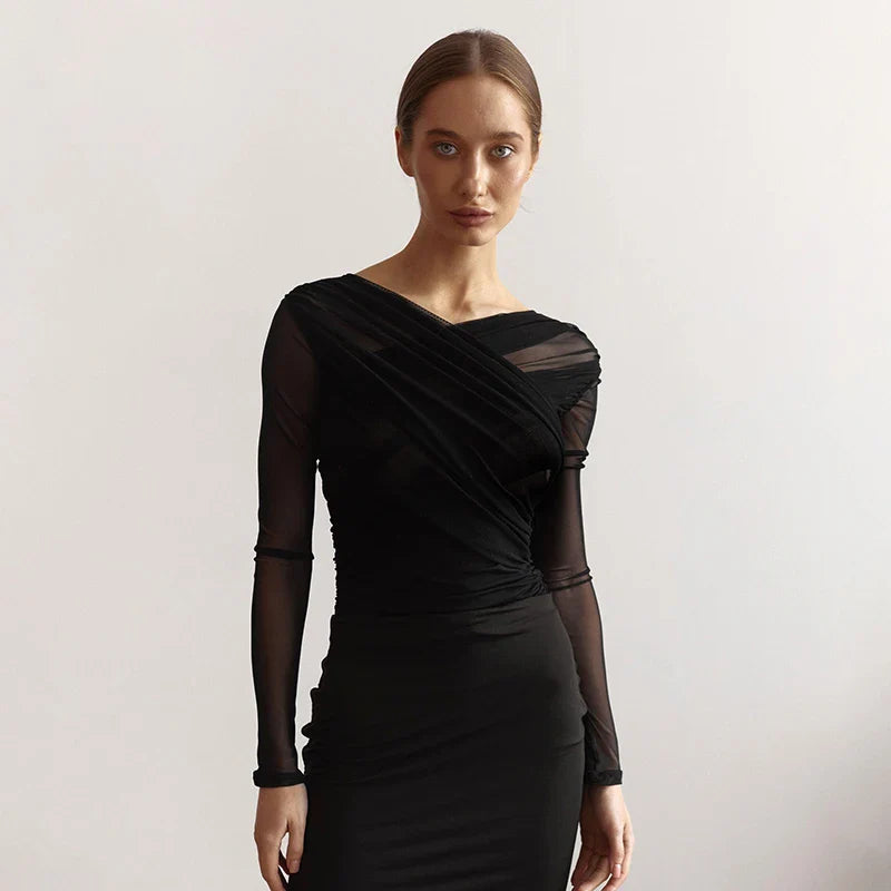 Chic Cross Neck Mesh Crop Top with Pleated Long Sleeves Sheer Sexy Solid Color Elegant T-Shirt for Women Casual Wear