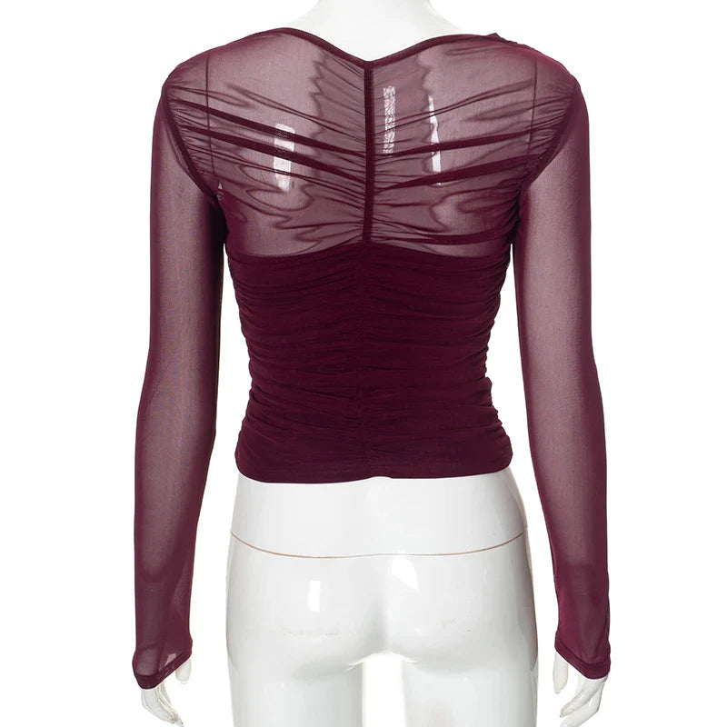 Chic Cross Neck Mesh Crop Top with Pleated Long Sleeves Sheer Sexy Solid Color Elegant T-Shirt for Women Casual Wear