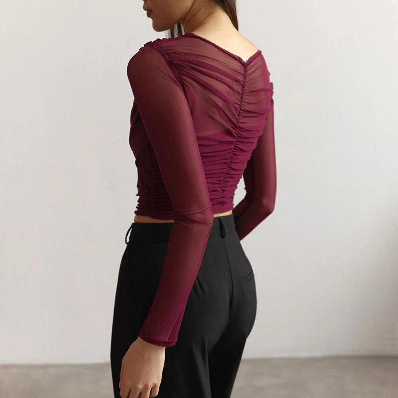 Chic Cross Neck Mesh Crop Top with Pleated Long Sleeves Sheer Sexy Solid Color Elegant T-Shirt for Women Casual Wear