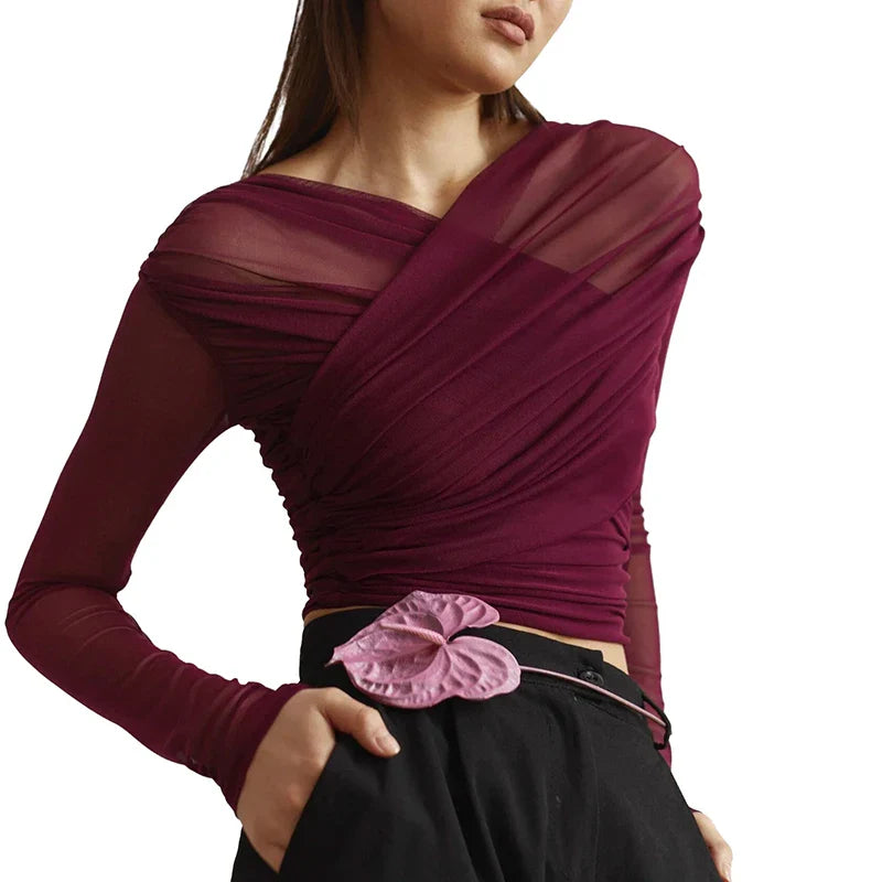 Chic Cross Neck Mesh Crop Top with Pleated Long Sleeves Sheer Sexy Solid Color Elegant T-Shirt for Women Casual Wear
