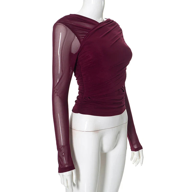 Chic Cross Neck Mesh Crop Top with Pleated Long Sleeves Sheer Sexy Solid Color Elegant T-Shirt for Women Casual Wear