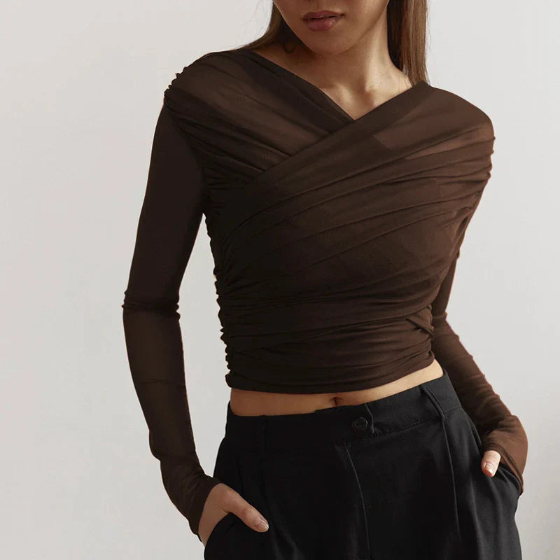 Chic Cross Neck Mesh Crop Top with Pleated Long Sleeves Sheer Sexy Solid Color Elegant T-Shirt for Women Casual Wear
