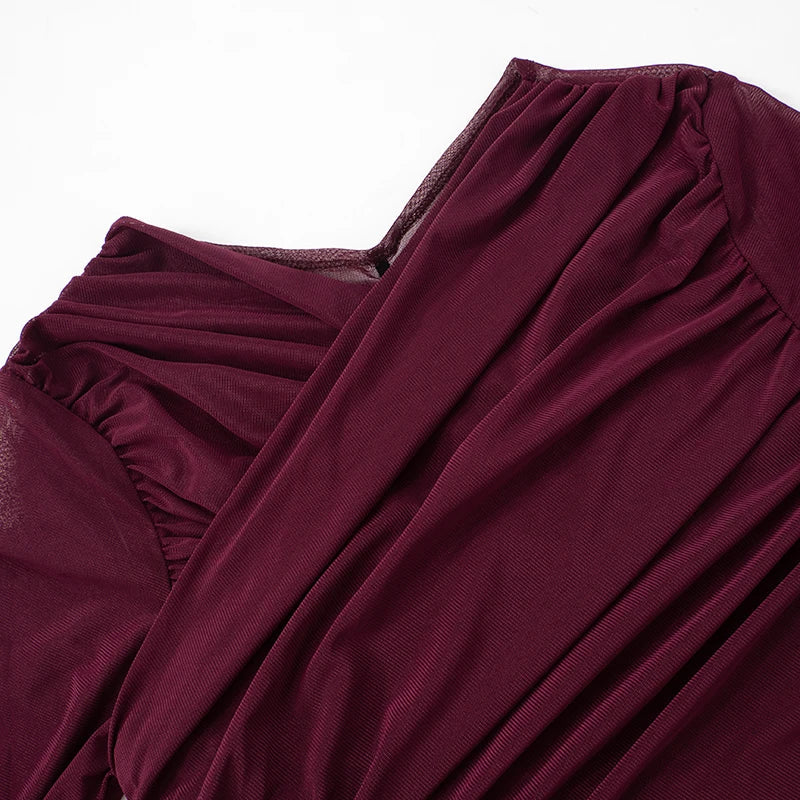 Chic Cross Neck Mesh Crop Top with Pleated Long Sleeves Sheer Sexy Solid Color Elegant T-Shirt for Women Casual Wear