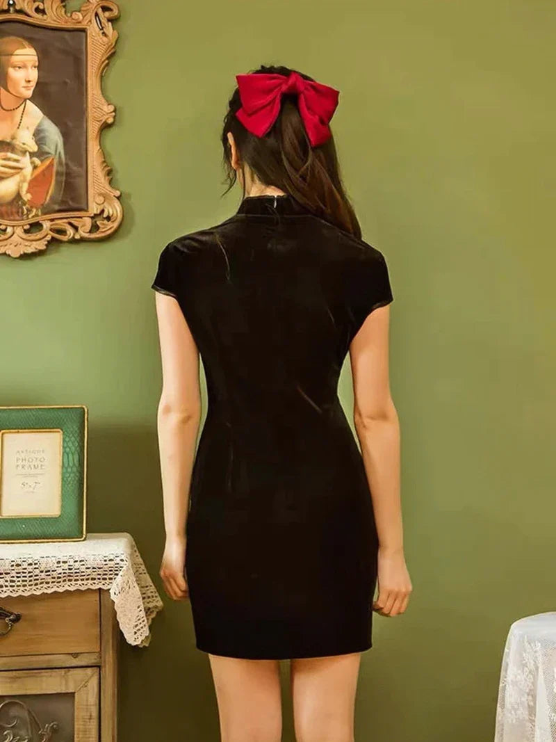 Elegant Black Velvet Cheongsam Dress for Women Short Sleeve Button-Front Casual Summer Fashion
