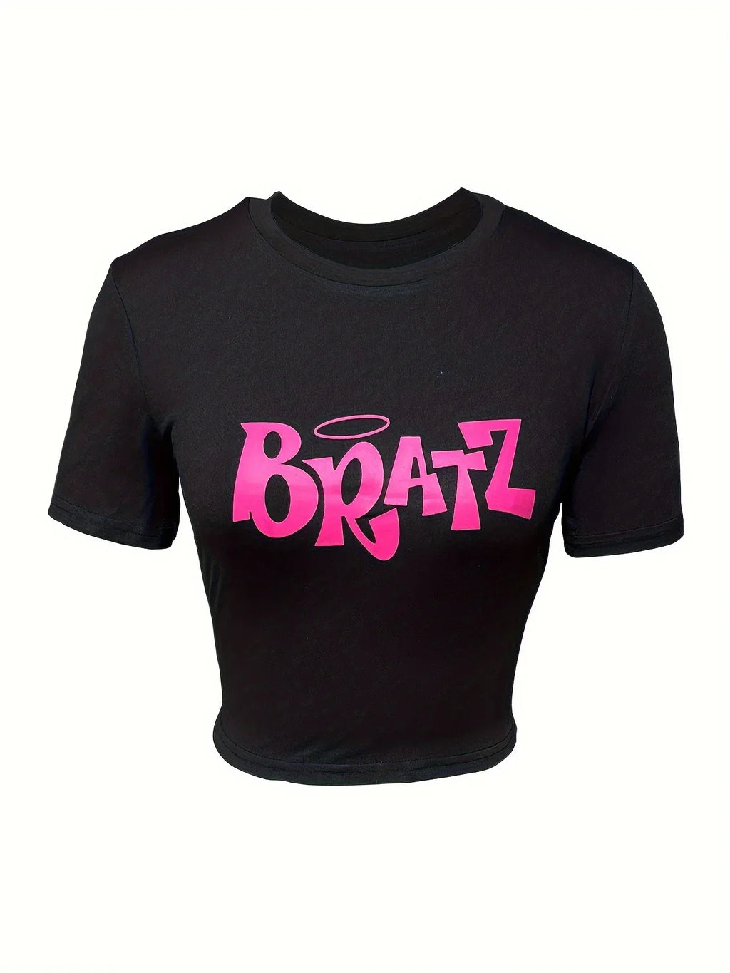 Women's Stylish Pink Y2K Cut T-Shirt with Bratz Letter Print O-Neck Short Sleeve Slim Fit Top