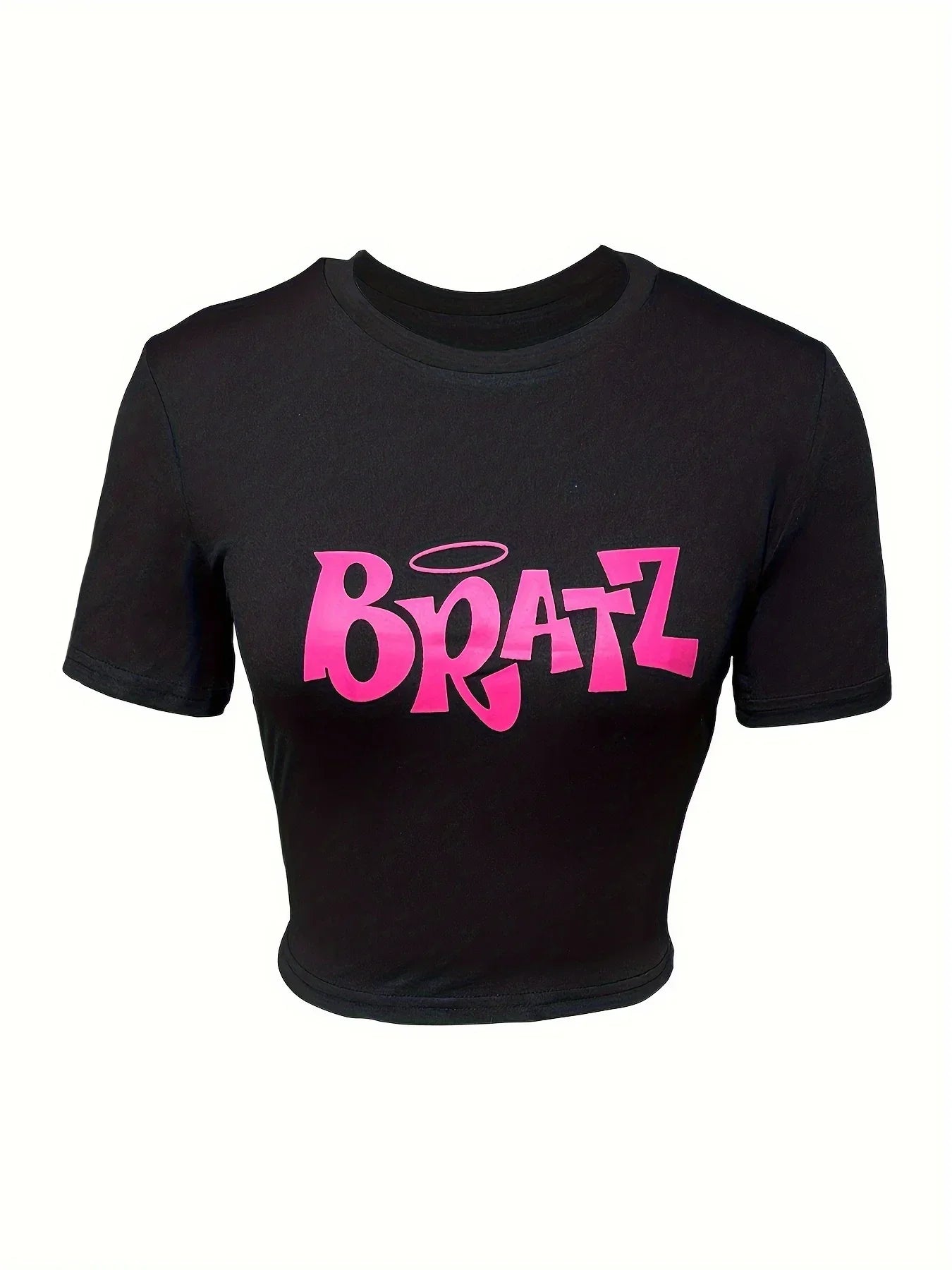 Women's Stylish Pink Y2K Cut T-Shirt with Bratz Letter Print O-Neck Short Sleeve Slim Fit Top