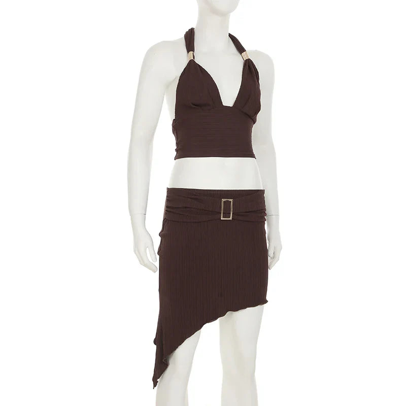 Sexy Summer Two Piece Set Women Cropped Halter Top with Asymmetric Hem Skirt Featuring Metal Ring Button Detail
