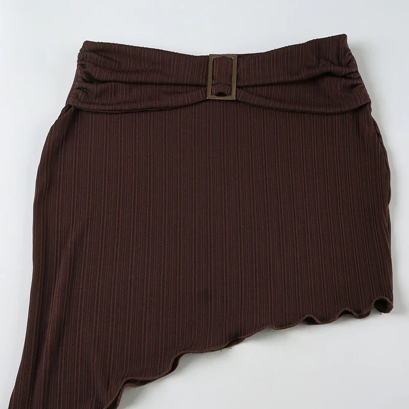 Sexy Summer Two Piece Set Women Cropped Halter Top with Asymmetric Hem Skirt Featuring Metal Ring Button Detail