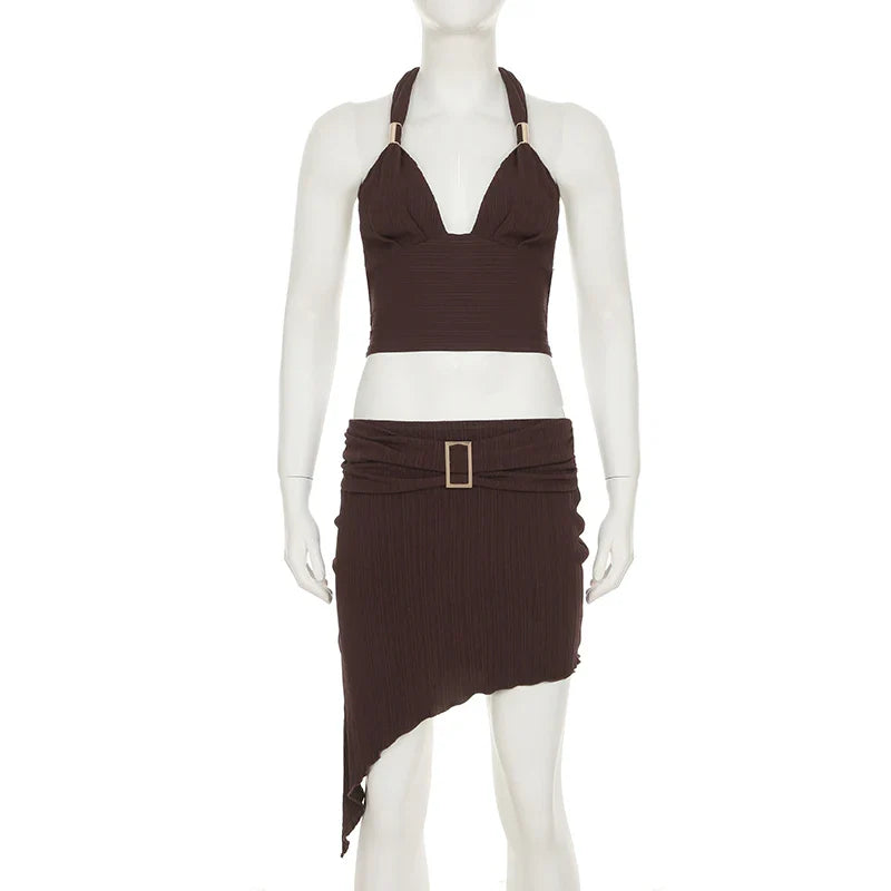 Sexy Summer Two Piece Set Women Cropped Halter Top with Asymmetric Hem Skirt Featuring Metal Ring Button Detail