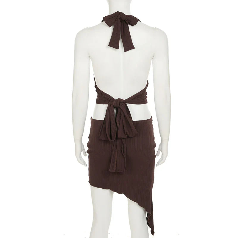 Sexy Summer Two Piece Set Women Cropped Halter Top with Asymmetric Hem Skirt Featuring Metal Ring Button Detail