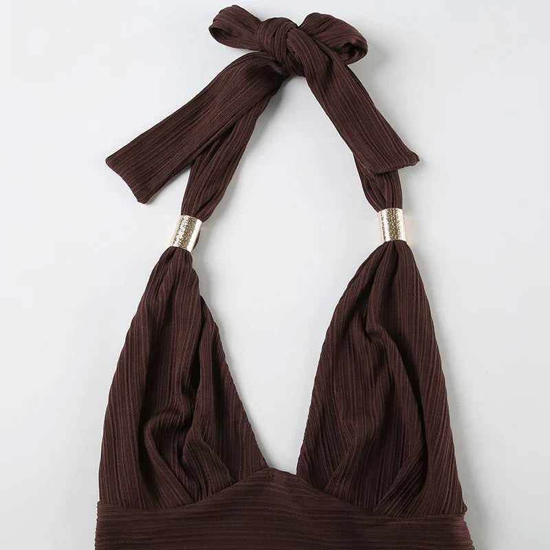 Sexy Summer Two Piece Set Women Cropped Halter Top with Asymmetric Hem Skirt Featuring Metal Ring Button Detail