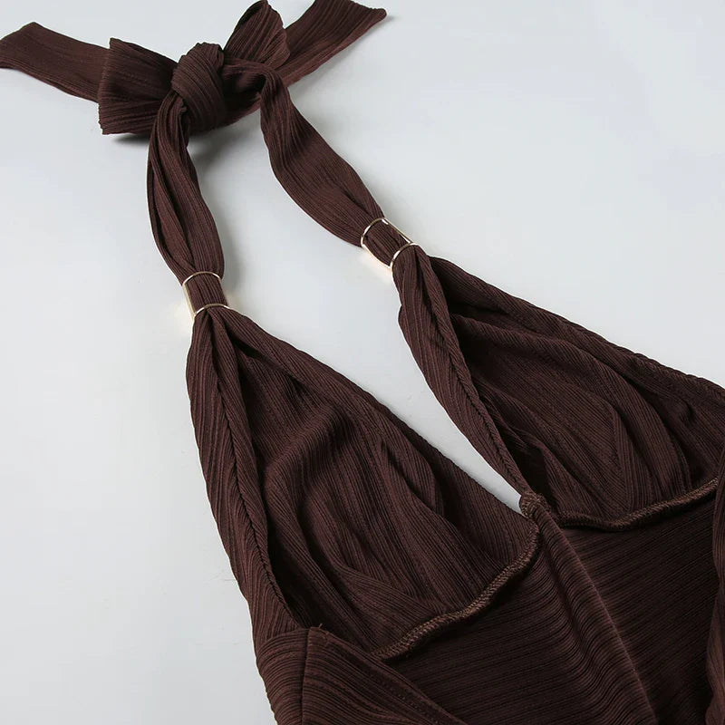 Sexy Summer Two Piece Set Women Cropped Halter Top with Asymmetric Hem Skirt Featuring Metal Ring Button Detail