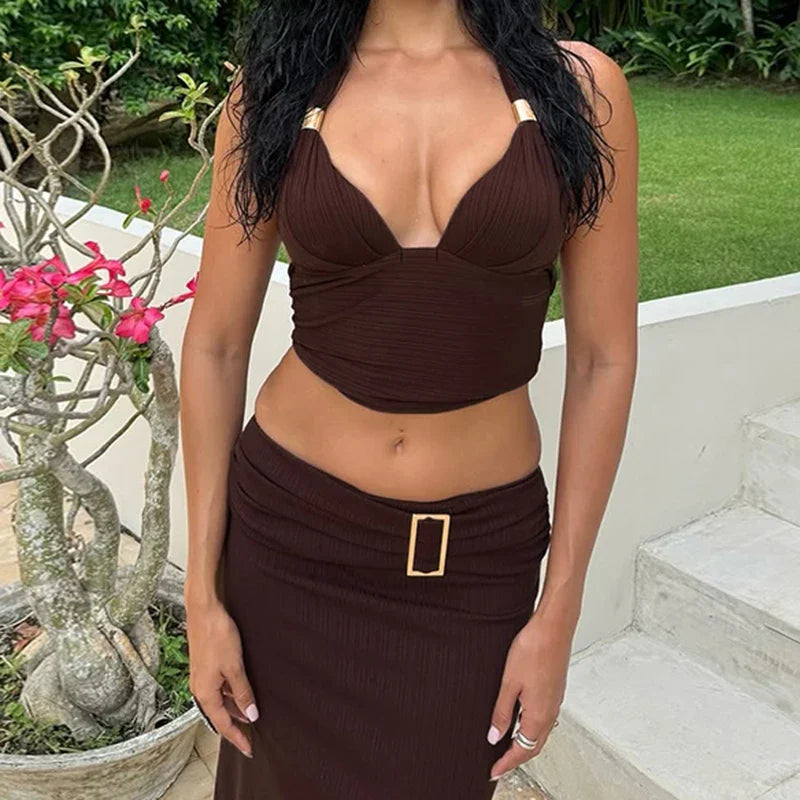 Sexy Summer Two Piece Set Women Cropped Halter Top with Asymmetric Hem Skirt Featuring Metal Ring Button Detail