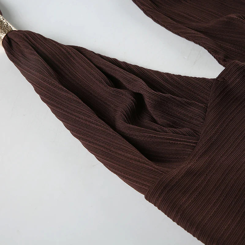 Sexy Summer Two Piece Set Women Cropped Halter Top with Asymmetric Hem Skirt Featuring Metal Ring Button Detail