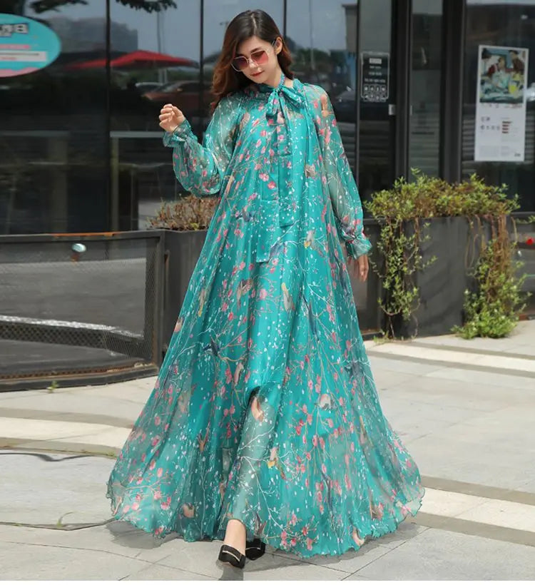 Flowy Chiffon Floral Print Maxi Dress for Women with Long Sleeves and Belt, Boho Beach Party Garden Elegant Dress