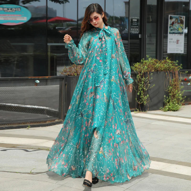 Flowy Chiffon Floral Print Maxi Dress for Women with Long Sleeves and Belt, Boho Beach Party Garden Elegant Dress