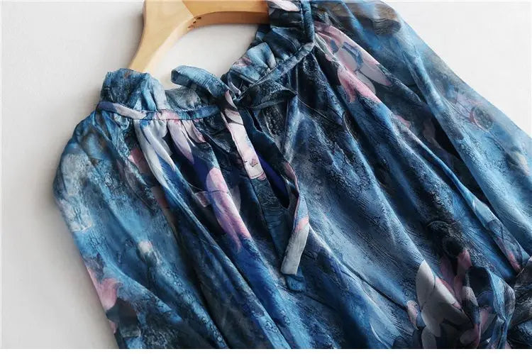 Flowy Chiffon Floral Print Maxi Dress for Women with Long Sleeves and Belt, Boho Beach Party Garden Elegant Dress