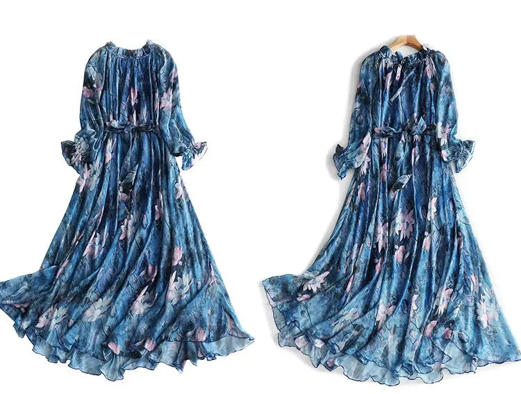 Flowy Chiffon Floral Print Maxi Dress for Women with Long Sleeves and Belt, Boho Beach Party Garden Elegant Dress