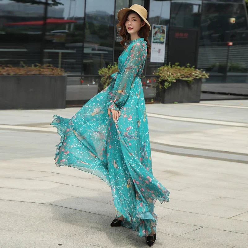 Flowy Chiffon Floral Print Maxi Dress for Women with Long Sleeves and Belt, Boho Beach Party Garden Elegant Dress