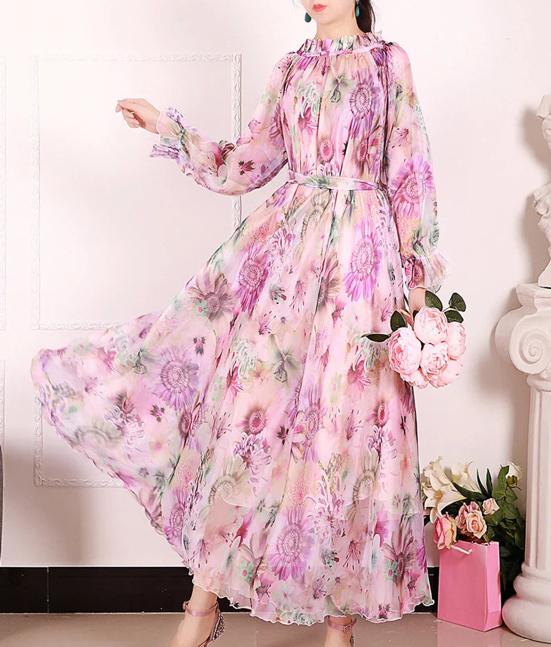 Flowy Chiffon Floral Print Maxi Dress for Women with Long Sleeves and Belt, Boho Beach Party Garden Elegant Dress