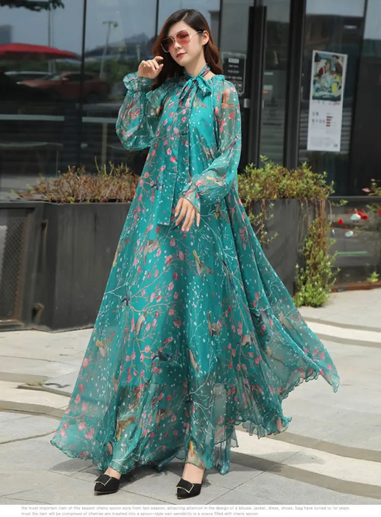 Flowy Chiffon Floral Print Maxi Dress for Women with Long Sleeves and Belt, Boho Beach Party Garden Elegant Dress