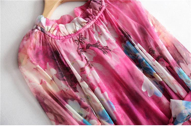 Flowy Chiffon Floral Print Maxi Dress for Women with Long Sleeves and Belt, Boho Beach Party Garden Elegant Dress