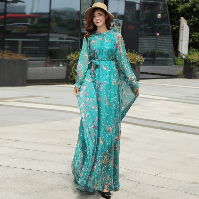 Flowy Chiffon Floral Print Maxi Dress for Women with Long Sleeves and Belt, Boho Beach Party Garden Elegant Dress