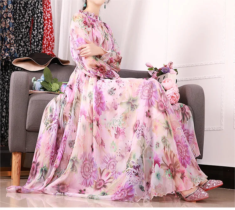 Flowy Chiffon Floral Print Maxi Dress for Women with Long Sleeves and Belt, Boho Beach Party Garden Elegant Dress