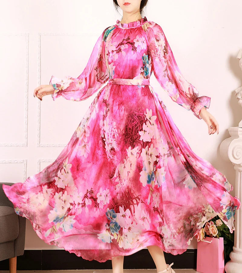 Flowy Chiffon Floral Print Maxi Dress for Women with Long Sleeves and Belt, Boho Beach Party Garden Elegant Dress