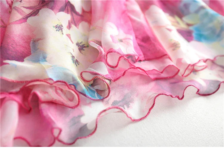 Flowy Chiffon Floral Print Maxi Dress for Women with Long Sleeves and Belt, Boho Beach Party Garden Elegant Dress