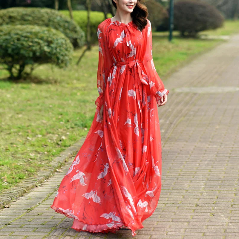 Flowy Chiffon Floral Print Maxi Dress for Women with Long Sleeves and Belt, Boho Beach Party Garden Elegant Dress