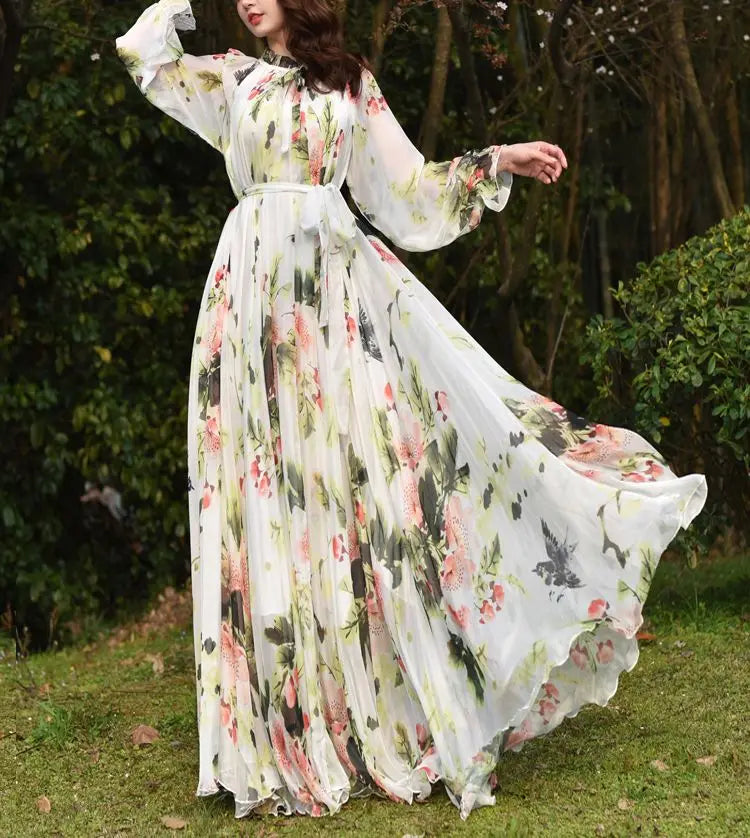 Flowy Chiffon Floral Print Maxi Dress for Women with Long Sleeves and Belt, Boho Beach Party Garden Elegant Dress