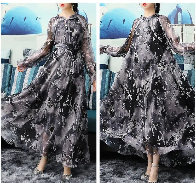 Flowy Chiffon Floral Print Maxi Dress for Women with Long Sleeves and Belt, Boho Beach Party Garden Elegant Dress