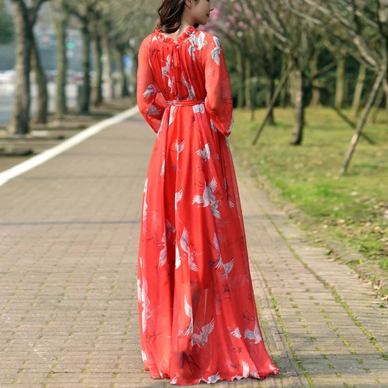 Flowy Chiffon Floral Print Maxi Dress for Women with Long Sleeves and Belt, Boho Beach Party Garden Elegant Dress