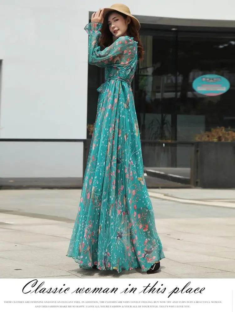 Flowy Chiffon Floral Print Maxi Dress for Women with Long Sleeves and Belt, Boho Beach Party Garden Elegant Dress