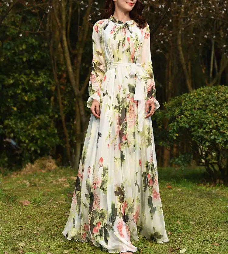 Flowy Chiffon Floral Print Maxi Dress for Women with Long Sleeves and Belt, Boho Beach Party Garden Elegant Dress