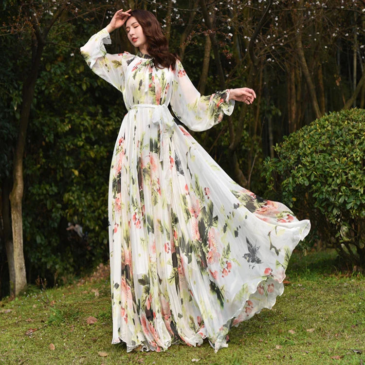 Flowy Chiffon Floral Print Maxi Dress for Women with Long Sleeves and Belt, Boho Beach Party Garden Elegant Dress