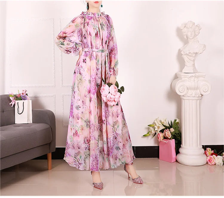Flowy Chiffon Floral Print Maxi Dress for Women with Long Sleeves and Belt, Boho Beach Party Garden Elegant Dress
