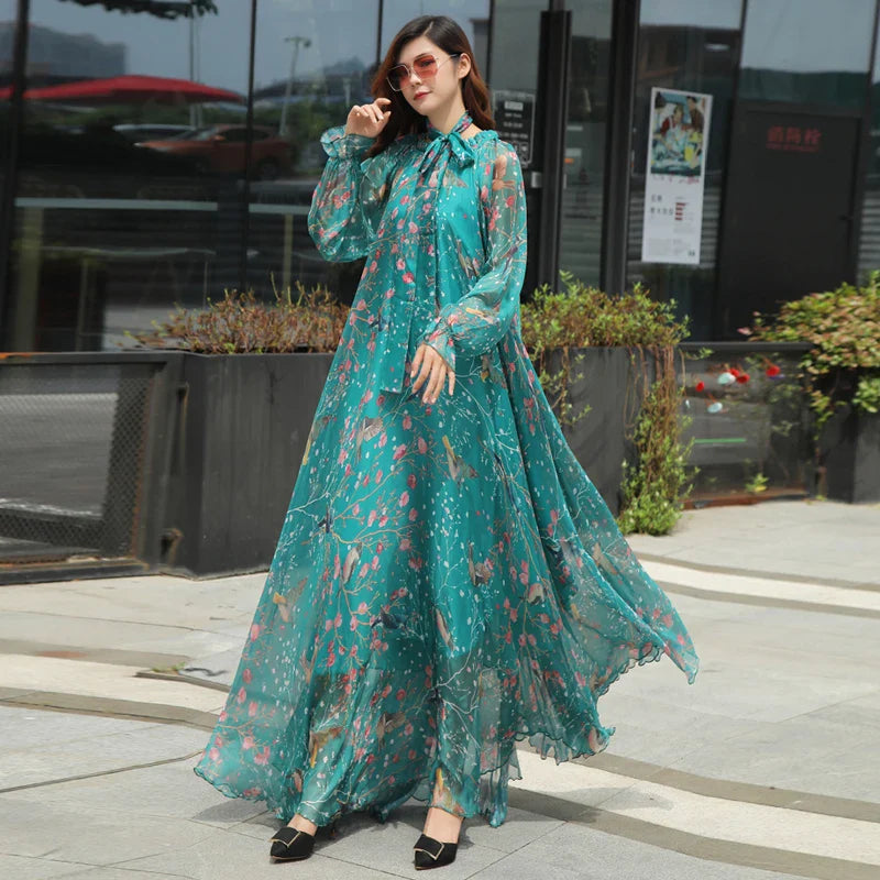 Flowy Chiffon Floral Print Maxi Dress for Women with Long Sleeves and Belt, Boho Beach Party Garden Elegant Dress