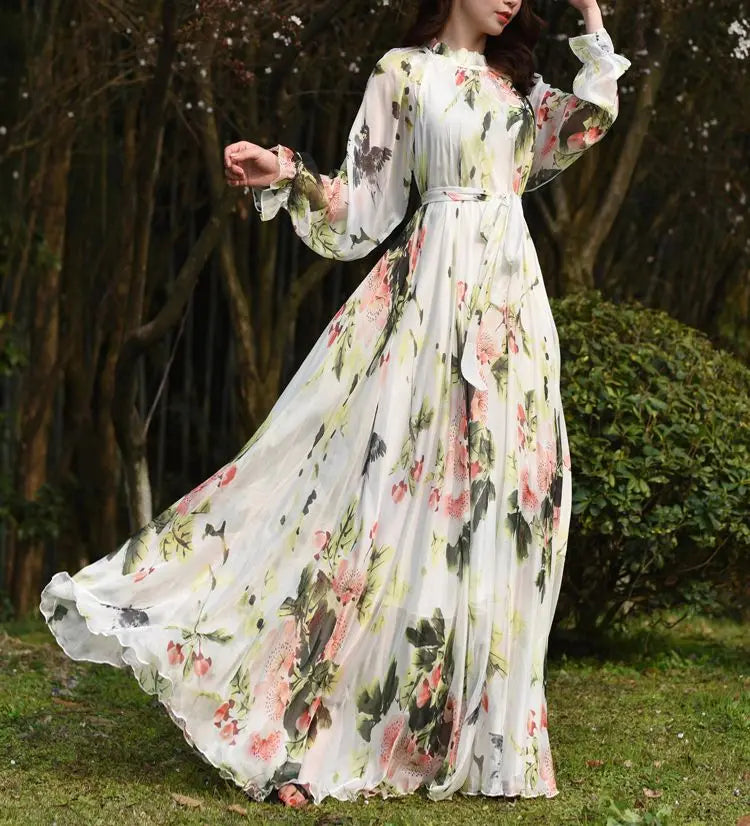 Flowy Chiffon Floral Print Maxi Dress for Women with Long Sleeves and Belt, Boho Beach Party Garden Elegant Dress