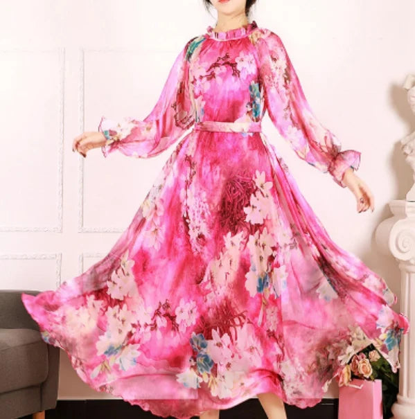 Flowy Chiffon Floral Print Maxi Dress for Women with Long Sleeves and Belt, Boho Beach Party Garden Elegant Dress