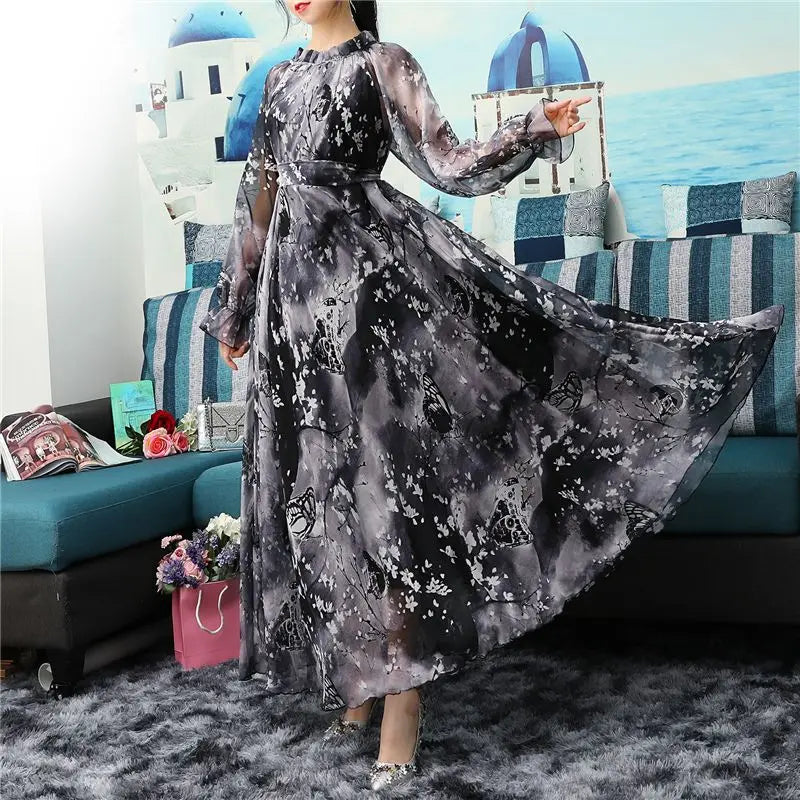 Flowy Chiffon Floral Print Maxi Dress for Women with Long Sleeves and Belt, Boho Beach Party Garden Elegant Dress